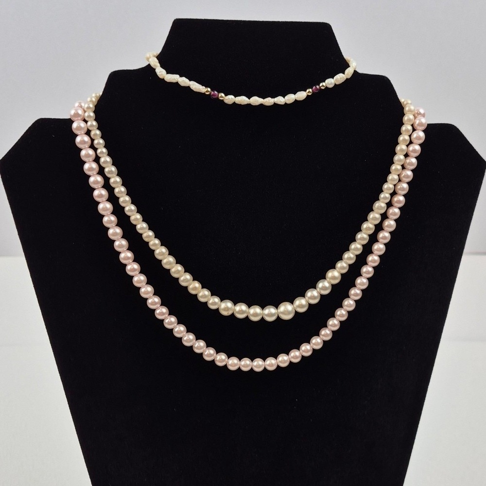Vtg Pearl Jewelry Lot Necklace 16" 19" Bracelet 7.25" White Pink Beaded Filigree